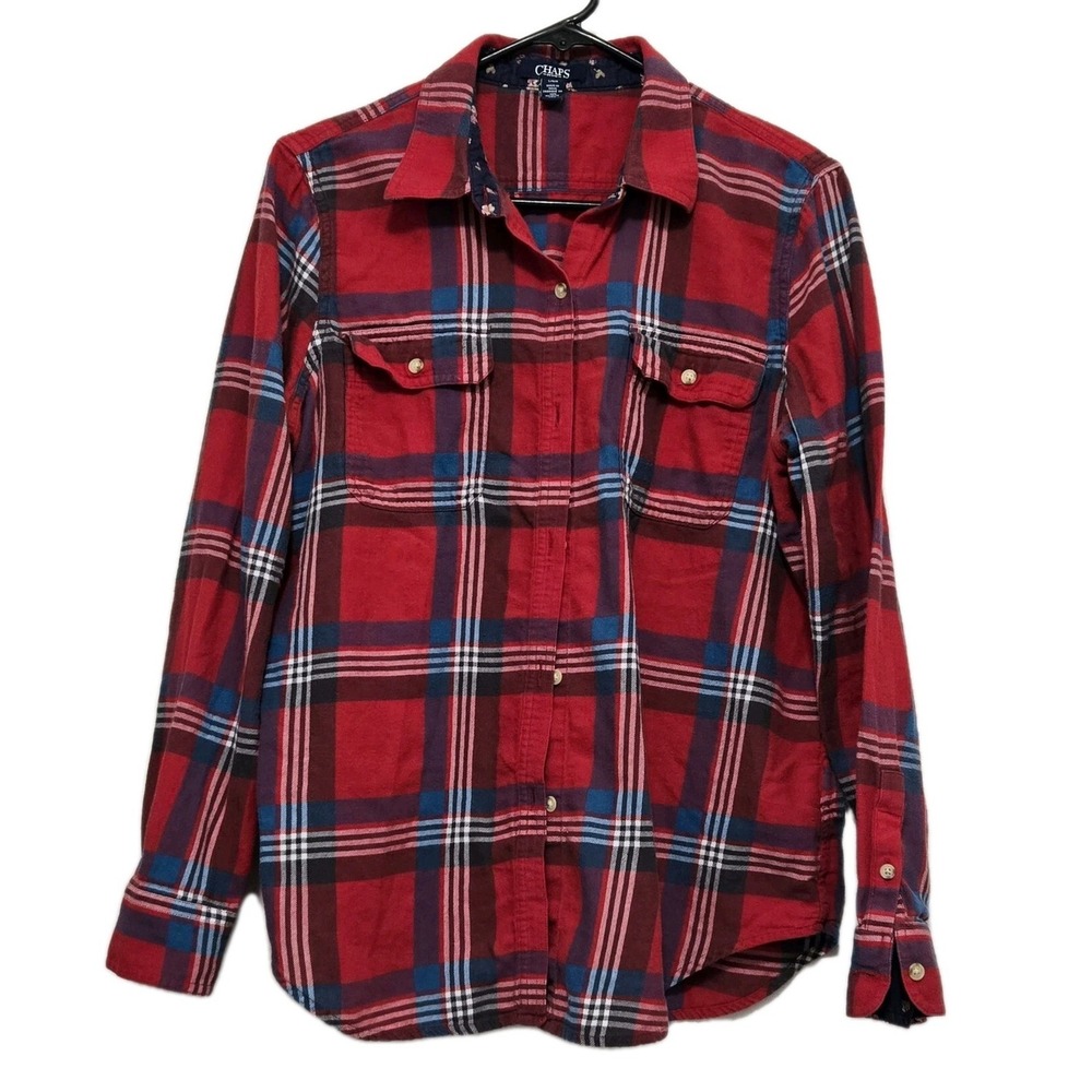 CHAPS Denim Women's L‎ Plaid Shirt Button Front Floral Accent Cuff FIT IS SMALL